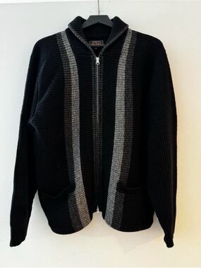 Beams Plus Japan Black Shawl-Collar Zip Cardigan with Gray Stripes